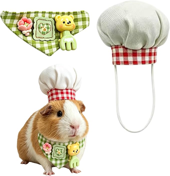 Small Pet Chef Costume Set, Hat & Bandana for Hamster Guinea Pig (Green) | Cute Plaid Outfit Includes Chef Hat & Decorative Bandana, Soft Cotton‑Resin Material, Great for Photo Prop & Party Dress‑Up