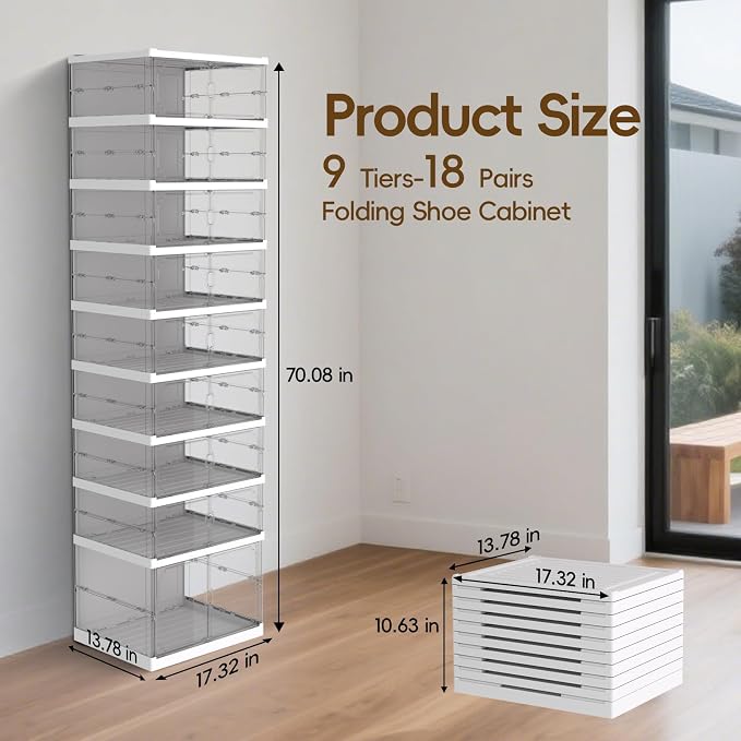 Dollate 9-Tier 18 Pairs Foldable Shoe Rack with Magnetic Clear Doors,Easily Assembled Portable Shoe Storage Organizer Cabinet for Entryway Living Room Bedroom