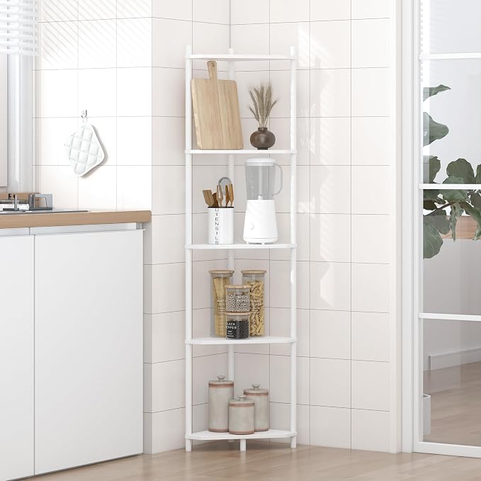 Wisuce White Tall Corner Shelf Stand, 5-Tier Bamboo Corner Bookshelf | Space-Saving Narrow Corner Shelf | Bathroom Corner Shelf | Shelves for Bedroom, Living Room, Kitchen & Plant Display