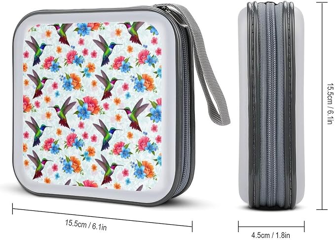 Portable DVD CD Organizer Wallet Bird Colorful Flowers Hummingbirds Floral, 40-Capacity Hard Case with Strap, Protective Storage Binder for Car Home