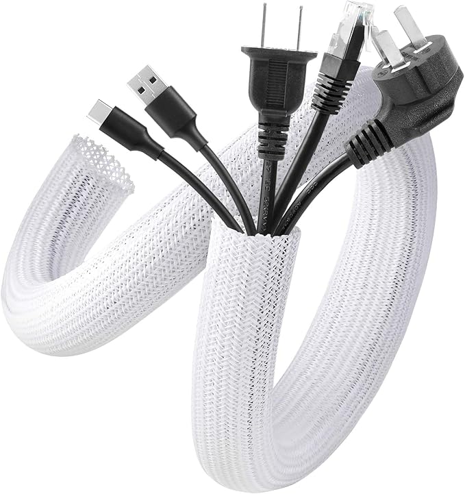 AGPTEK Cable Sleeve, 10ft - 1 inch Cable Management Cord Hider, White | Desk Cord Cover Organizer Wire Hider for Office Computer TV Wire Loom Tubing Pet-Proof Cord Protector from Cat Dog Chewing