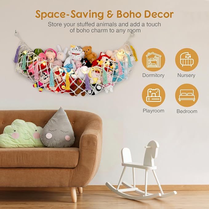 Stuffed Animal Net or Hammock, Large Stuffed Animal Storage Macrame Toy Hammock Hanging Corner Net for Stuffed Animals, Plushie Net Hammock with Star Lights for Boho Kids Room Nursery Playroom Decor