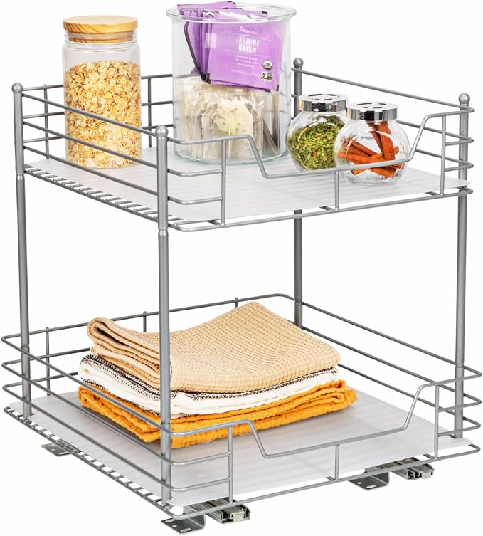 Household Essentials Brushed Steel & Plastic Two-Tier Pantry Organizer, Silver