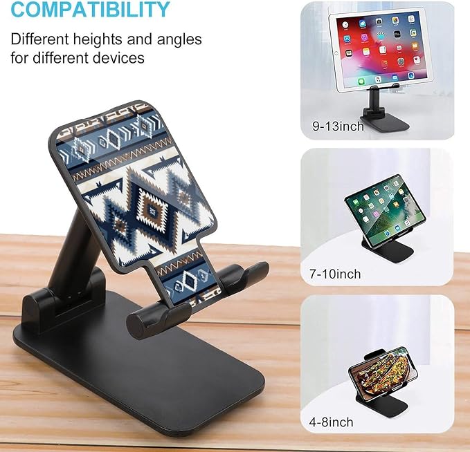 Collapsible Colorful Surf Blue Tribal Navajo Aztec Desktop Phone Holder | Geometric Ethnic Pattern, Cell Phone Stand, with Anti Slip Pad, Tablet Stand, Desk Office, Travel Accessories