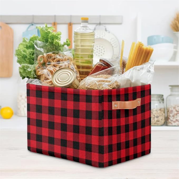 Buffalo Plaid Storage Bins Christmas Theme Storage Nursery Baskets with Handle Collapsible Closet Organizer Waterproof Shelf Boxes for Books Cloth 15x11x9.5 IN