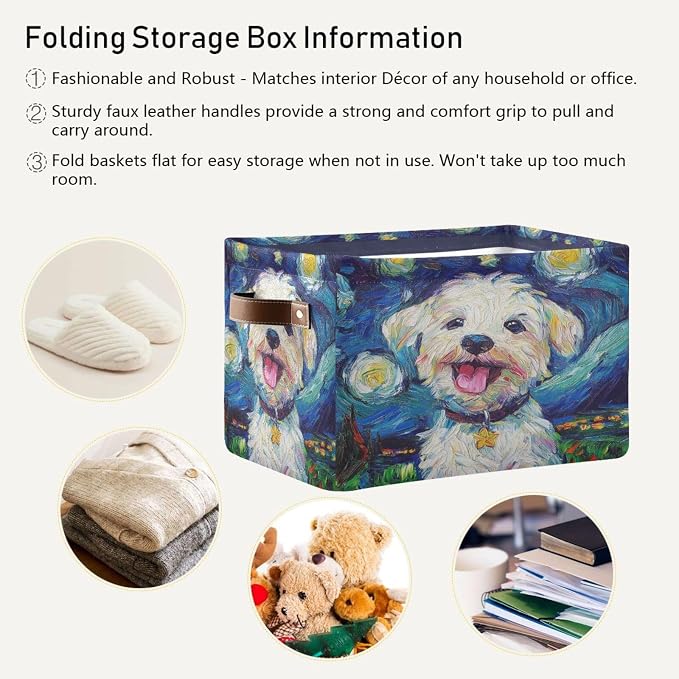 Dog Starry Night Blue Rectangular Storage Bin Basket with Handles - Laundry Hamper Nursery Storage Storage Baskets
