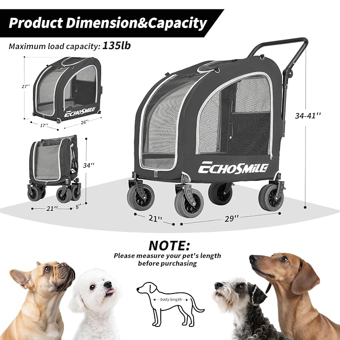EchoSmile 4-Wheel Pet Stroller for Dogs & Cats, Up to 135 lbs, Black | Lightweight Carrier · Storage Basket Included · Adjustable Handle · Removable Pad