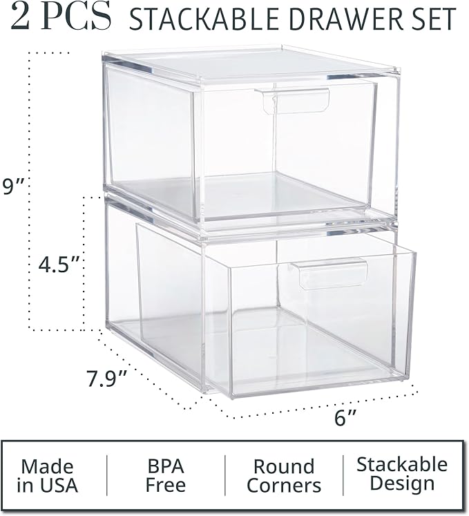 STORi Audrey Stackable Clear Bin Plastic Organizer Drawers | 2 Piece Set | Organize Cosmetics and Beauty Supplies on a Vanity | Made in USA (Pack of 3)