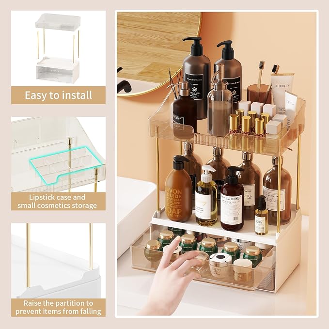 KHNR 2-Tier 2-Drawer Bathroom Organizer Countertop, Multi-Purpose Makeup Organizer Countertop, Large Skincare Organizers, Exquisite Vanity Organizer for Bathroom, Dresser, Kitchen (Amber)