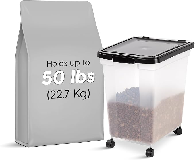 IRIS USA Dog Food Storage Container, Up to 50 lbs, Black, Made in USA | Wheels for Mobility, Airtight Seal, BPA-Free, Best for Bird Seed, Cat food, Cat Litter, Chicken Feed, Pellets