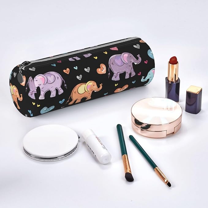 OSAM SPACE Leather Pencil Case Round Pencil Bag Cute Elephants Pen Organizer Holder Portable Zipper Pouch Cute School Supplies for Girls Boys Study Office
