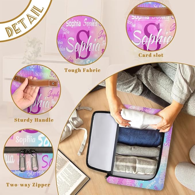 Custom Name Storage Bin with Lid Zipper, Personalized Storage Basket with Handles for Organizing Boys Girls Toys Office Closet Shelf Baskets, Watercolor Colorful Pink Blue Galaxy Background