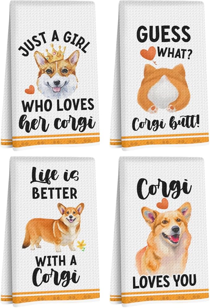 4 Pcs Funny Corgi Kitchen Towels 24x14 Inch, Corgis Decorative Waffle Weave Dish Towels, Dog Hand Tea Towels for kitchen Home Farmhouse Bathroom Decor, Corgi Gifts for Women Mom Friend Grandma