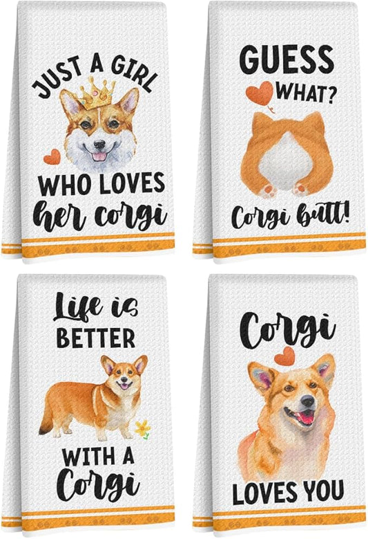 4 Pcs Funny Corgi Kitchen Towels 24x14 Inch, Corgis Decorative Waffle Weave Dish Towels, Dog Hand Tea Towels for kitchen Home Farmhouse Bathroom Decor, Corgi Gifts for Women Mom Friend Grandma