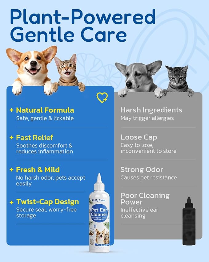 Ear Cleaner for Dogs & Cats - Gentle Ear Cleaning Solution with Natural Non-Irritating Formula for Sensitive Ear Care, Removes Built-up Wax, Discharge, Dirt & Debris - 8 OZ