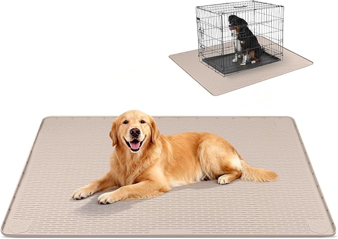 Silicone Dog Crate Mat 40"x 40" Under Dog Crate Kennel Pad Mat, Khaki | Extra Large Dog Cage Mat, Non-Slip Waterproof Dog Playpen Mat, Reusable Washable Dog Mat for Crate, Protect Floors