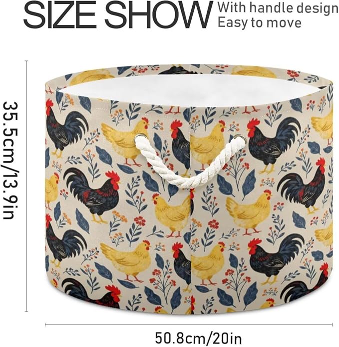 Chicken Rooster Collapsible Round Storage Basket with Handles | Hen Flower Print Large Laundry Baskets Hamper, Clothes Organizer Bin for Nursery Bedroom Living Room Decor, 20x 20x 14 Inches