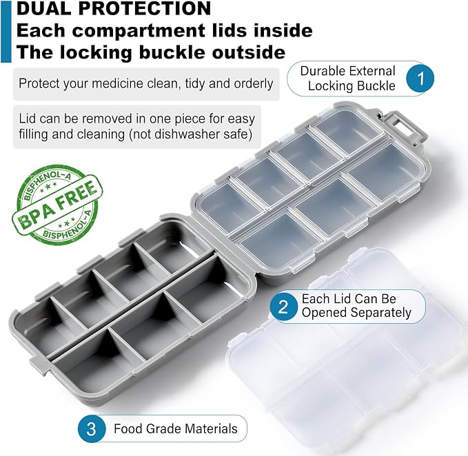 14 GRIDS Travel Pill Organizer Box with Labels - Travel Medicine Case Kit - Pocket Daily Pharmacy Container - Travel Medication Holder Dispenser for Fish Oil Vitamin Supplement Storage - Grey