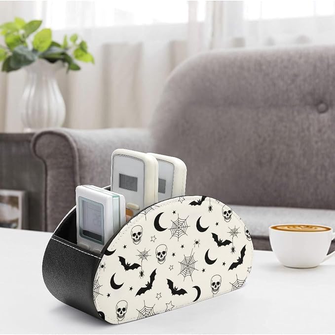 Remote Control Holder Gothic Skull Bat Web 5-Slot Office Storage Caddy Box | Makeup Brush Organizer, Pu Leather, Gothic Skull Bat Spider Web Moon Art Desktop Accessory for TV Remotes Media Player