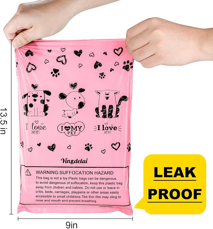 Pink Dog Poop Bags Rolls with Dispenser Leak Proof 540 Count Unscented | Strong Large 9x13 inch Waste Refill Bags for Daily Dog Walks, Cat Litter Cleanup Outdoor Travel and Multi-Pet Households
