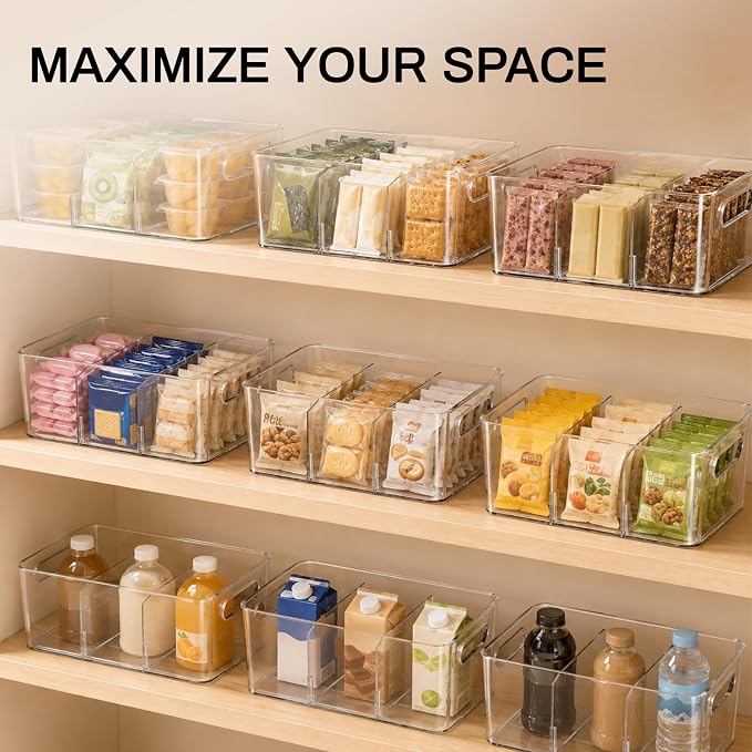 Mpotmiy 6-Pack Pantry Organizers and Storage, Clear Fridge Organizer Bins | Clear stackable plastic bins with removable dividers for packets, snacks, pouches and spices in pantry, fridge or freezer.