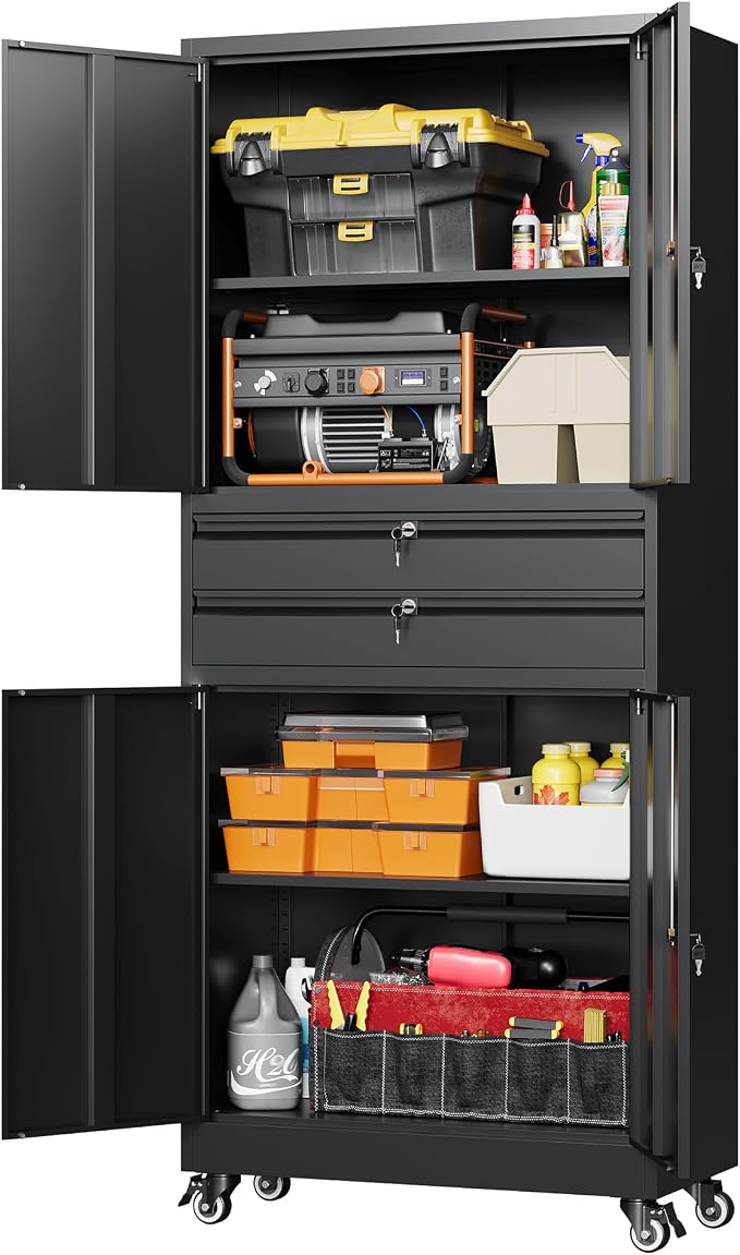 Metal Garage Storage Cabinet with Wheels,Rolling Tool Cabinet with 4 Door Lock-Adjustable Shelves and 2 Drawer for Garage Home Office Utility Room (Black with Wheels)