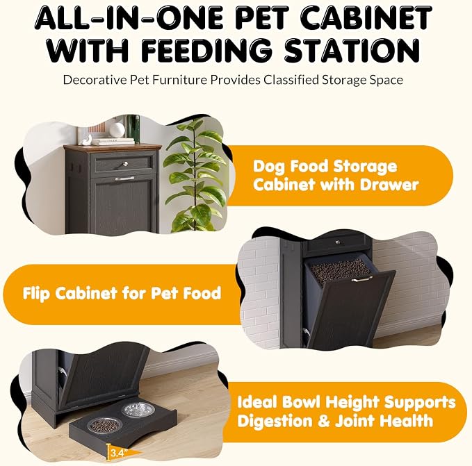 Tilt Out Trash Can Cabinet with Dog Bowl, 10 Gallons Dog Feeding Station with Storage, Dog Food Cabinet with Hideaway Drawer for Kitchen, Living Room,Laundry Room