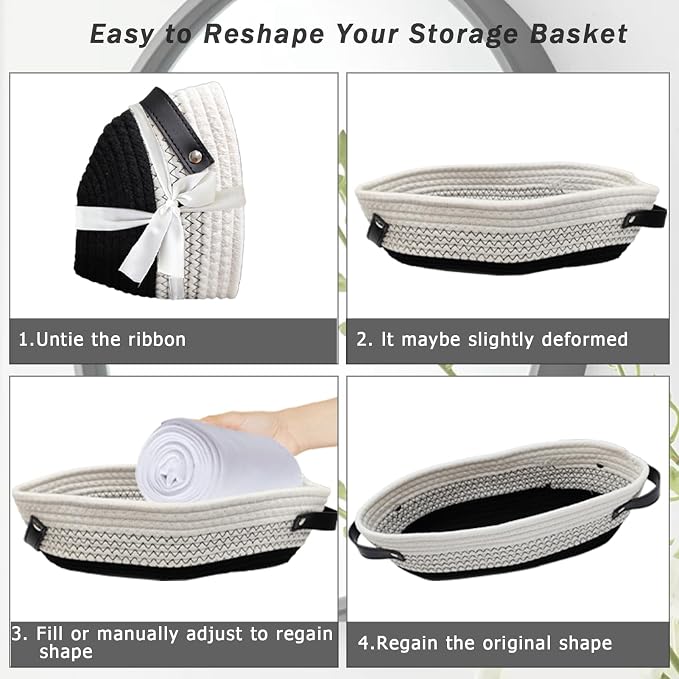 1 Pack Small Woven Storage Basket for Toilet Tank Top, Bathroom Countertop Organizer Basket Cotton Rope Toilet Paper Storage Toilet Paper Decorative Basket 13"x6"x4" (Black/White)