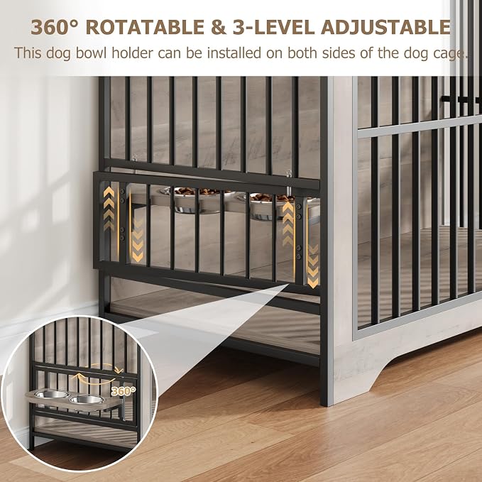 QUW 42" Modern Dog Crate Furniture, Wooden Dog Kennel, Grey | Medium to Large, 360° Rotating & 3-Levels Adjustable Height Dogs Bowl Holder, Decorative Dogs Cage Pet House Indoor