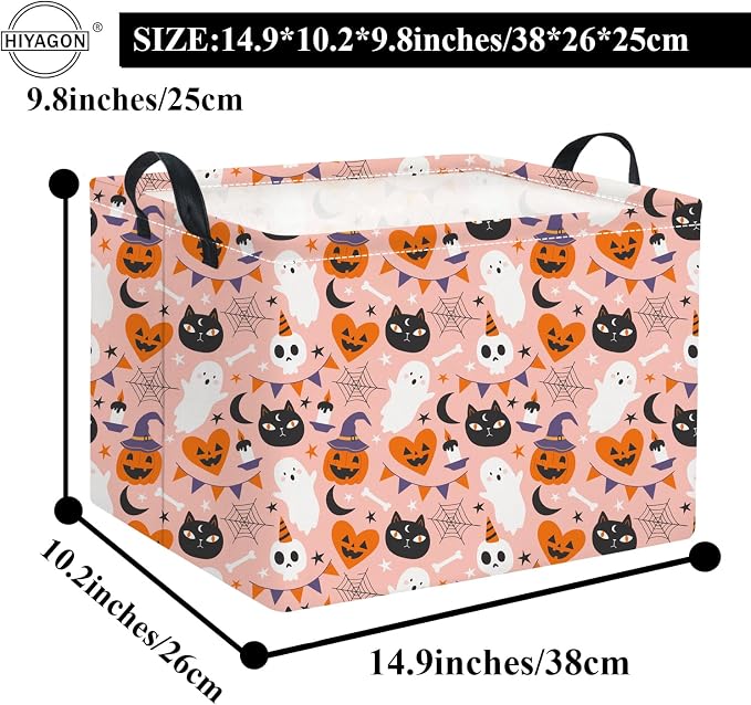 Rectangular Halloween Basket for Boys and Girls Kids Trick or Treat Pumpkin Basket for Halloween Parties Cute Storage Bin Organizer Box Room Decor(Pink Heart Halloween)