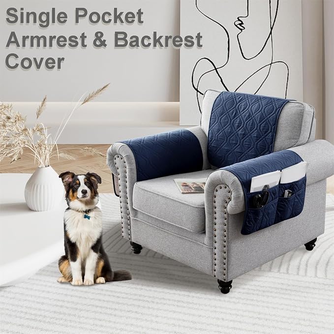 Waterproof Armrest Chair Covers with 6 Side Pocket 1 2 3 Seater Anti-Slip Chair Headrest Cover Armchair Slipcover Washable Protector for Pets Leather Sofa Couch (Navy Blue,1 Seater 3PCS)