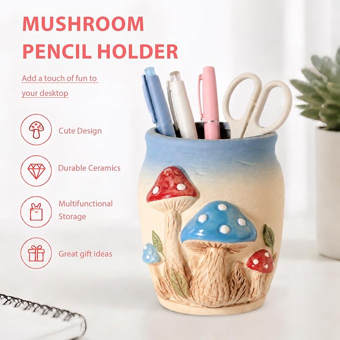 Ceramic Mushroom Shaped Pen Pencil Holder for Desk Decoration Accessories Mushroomb Decor Makeup Brush Pen Cups Office School Ideal Gifts for Women, Mom or Birthdays