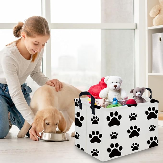 Rectangular Dog Basket,Nursery Hamper,Collapsible canvas kids toy storage box,Kids room storage basket,Pet decor(Dog paw)