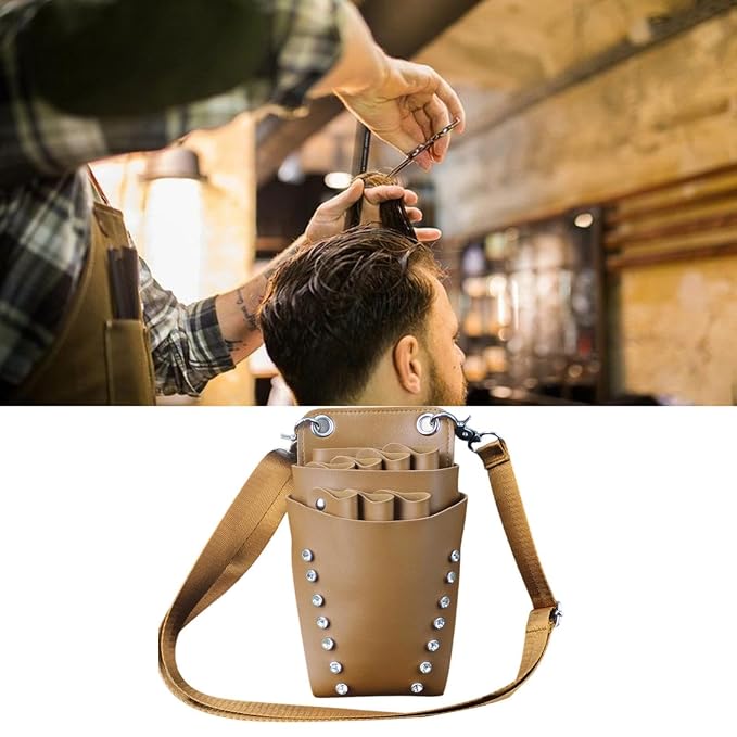 Scissors Pouch Hairdressing Scissors Bag Salon Hairstylist Tool Organizer PU Leather Waist Belt Shear Case Suitable for barbers pet groomers, Brown