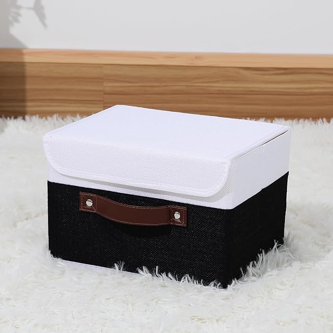 ANMINY Fabric Storage Box Bins with Lids, Black White, 10"x8"x7" | Keepsake Memory Storage, Cotton Linen, PP Board Reinforced, Washable, PU Handles, Foldable & Stackable, Decorative, Small