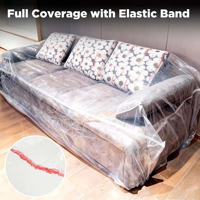 2 Pack Plastic Couch Cover Chair Cover with Elastic Band, Clear Furniture Cover Sofa Cover Recliner Cover Protector for Moving and Storage, Waterproof Moving Bags for Couch Slipcover