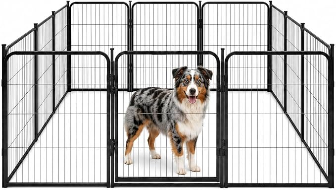 Dog Play Pen for Outdoor Use - 32'', 12 Panels for Small and Medium Size Dogs - Portable Playpen Kennel for RV, Camping, and Yard - Heavy Duty Pet Fence w/Black Rust Resistant Coating