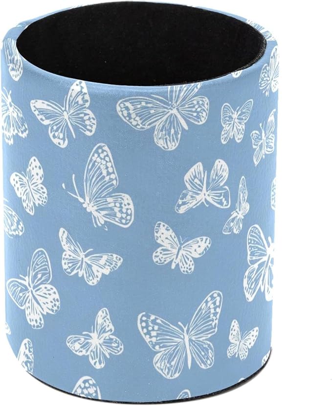 Faux Leather Pen Holder for Desk, Pencil Organizer White Butterfly Pen Cup Desk Decor Makeup Brush Holder Storage for Office Home