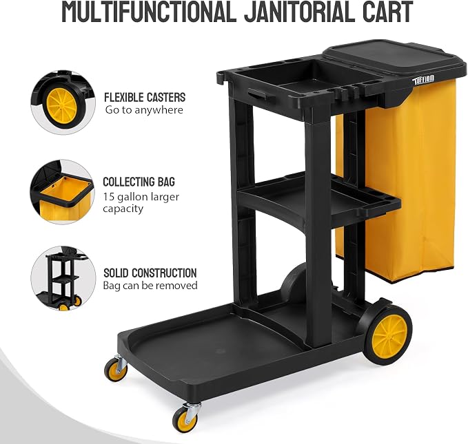 TUFFIOM Commercial Traditional Cleaning 3-Shelf Janitorial Cart, 500 Lbs Capacity Housekeeping Cart, Wheeled with Yellow VinylBag and Cover w Lid, Black