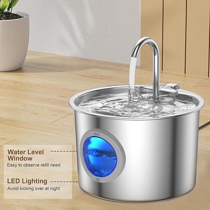 2.2L Stainless Steel Cat Fountain Ultra-Quiet (Under 25dB) & LED Water Level Window, 3-Stage Filtered Flowing Water for Cats, Easy-Clean, Perfect for Indoor Cats, Silver(74oz Cat Fountain + 6 Filters)