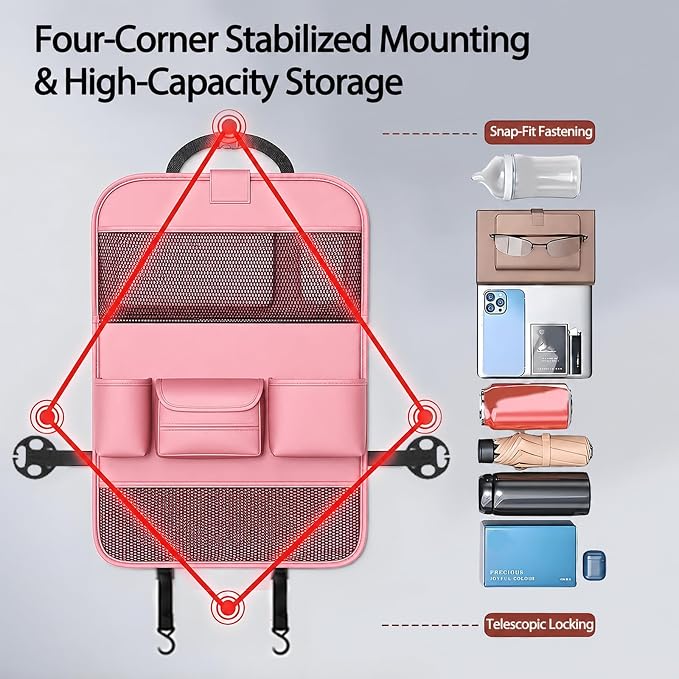 Car Seat Organizers,Multi-functional Back Seat Protectors, Storage Pouches, and Tray Holders for Cars, Kids, Seat Back and Rear Seats,Pink 1 Pcs