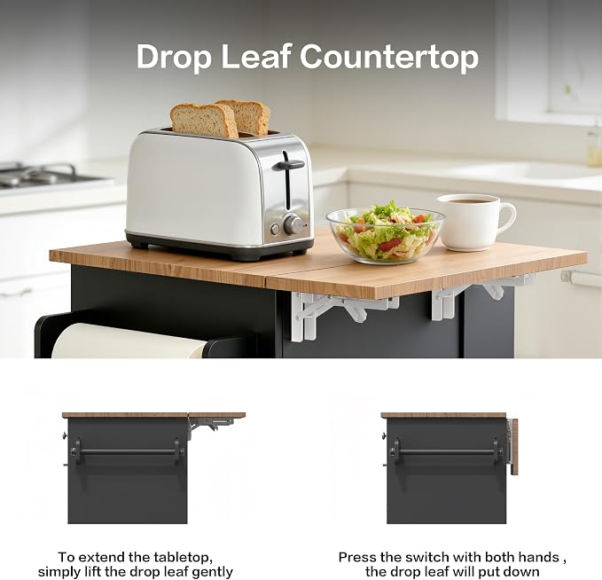 Kitchen Island, Island Table for Kitchen, Kitchen Carts on Wheels with Storage, Hidden Tilt Out Trash Cabinet