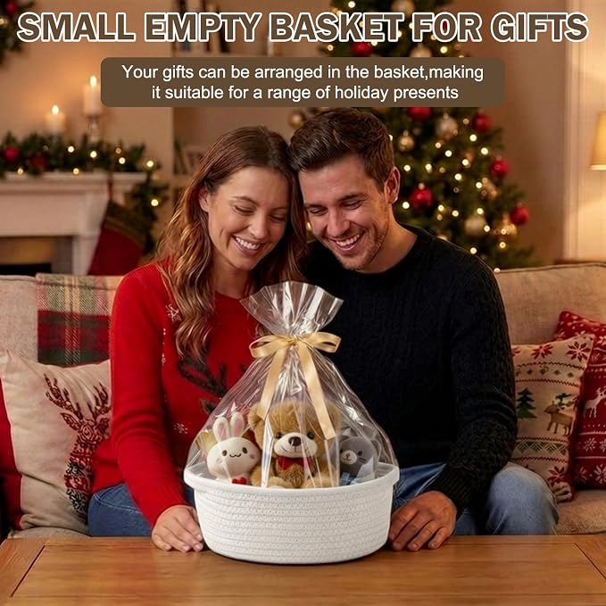 Basket for Gifts Empty, Small Woven Basket with Bags and Ribbons, Baby Toy Baskets with Handles, Wicker Storage Bin for Baby Showers or Pet Toy (Pure White, 1 Pack (12"x 8"x 3.74"))