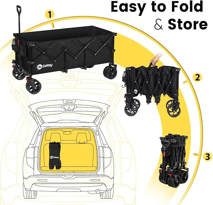 Sekey 48''L Collapsible Foldable Extended Wagon with 660lbs Weight Capacity, Heavy Duty 300L Folding Utility Garden Cart with Big All-Terrain Beach Wheels & Drink Holders. Black