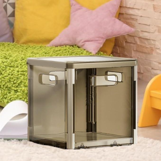 Foldable Storage Box Stackable Organizer Bin Container with Lid and Handles Portable Lightweight Dustproof PET Suitable for Clothing Bedding Books, Gray