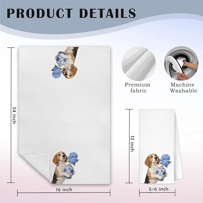 Blue Hydrangea Beagle Kitchen Towels, Beagle Lovers Gifts Dish Tea Towels for Kitchen Decor, Chinoiserie Porcelain Floral Dog Decorative Hand Towel Bathroom Decor, 16x24 Inch