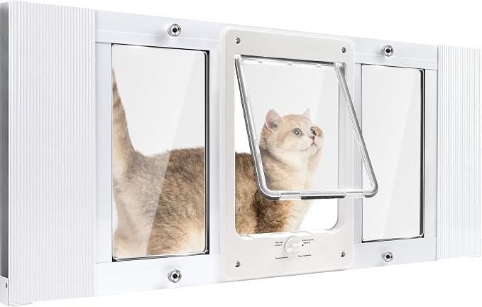 Petoasis Cat Door for Window & Small Dog, Quick Damage-Free Install, 28"-32" Width Adjustable, All Aluminum Frame, 4-Way Lock, Magnetic Closure Cat Window Door, Extra Window Lock & Sealing Strips (M)