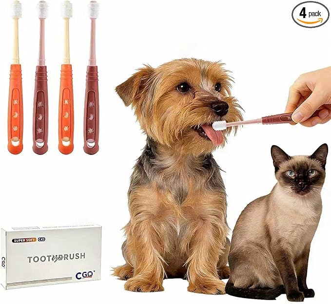 CGO Silicone 360° Toothbrush for Small Dogs & Cats - 4 Pack Round Head Pet Toothbrush, Gentle Chewable Brush with Soft Bristles, Dental Care Kit for Puppy Kitten Oral Hygiene (2 Orange, 2 Brown)