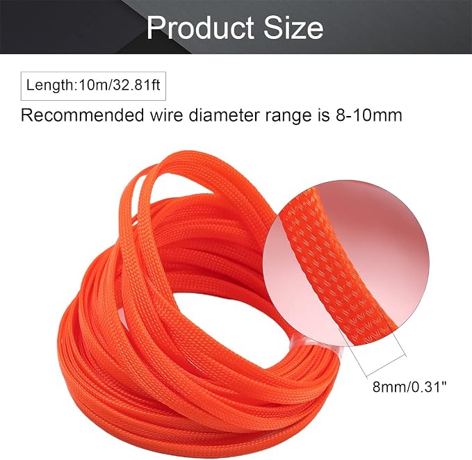 Heyiarbeit 10m/32.8ft PET Expandable Braid Cable Sleeving Flexible Wire Mesh Sleeve Orange 8mm