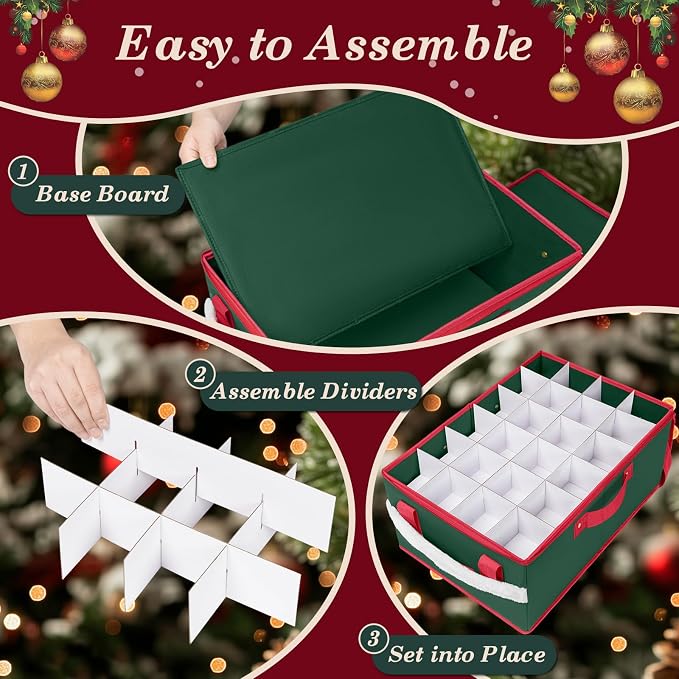 Christmas Ornament Storage Box with Adjustable Dividers Zippered Top Stores up to 72 Holiday Ornaments (3 Inch) Xmas Ball Decorations Organizer Storage Container Bin